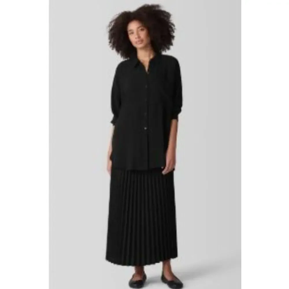 NEW Large Eileen Fisher BLACK Pleated Wool Silk Blend Midi Skirt stretch pullon
